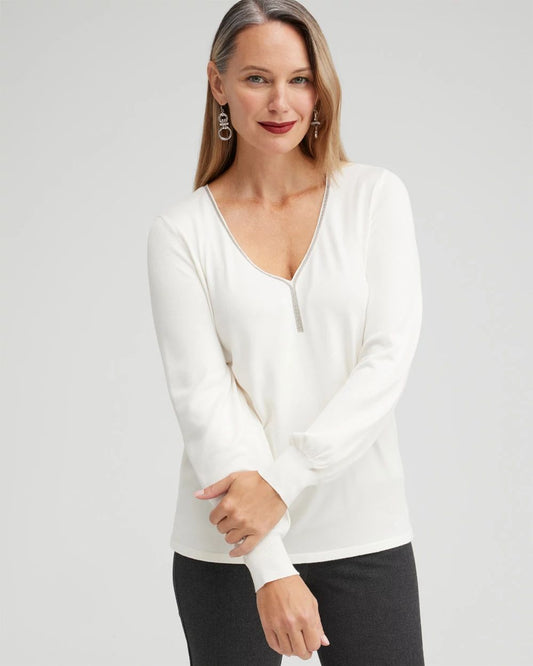 Caviar Trim V-Neck Pullover Sweater