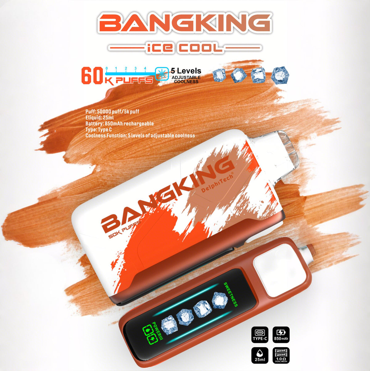 Bang King Ice Cool 60000 60K Puffs Original Adjustable Ice level LED Display Disposable Vape