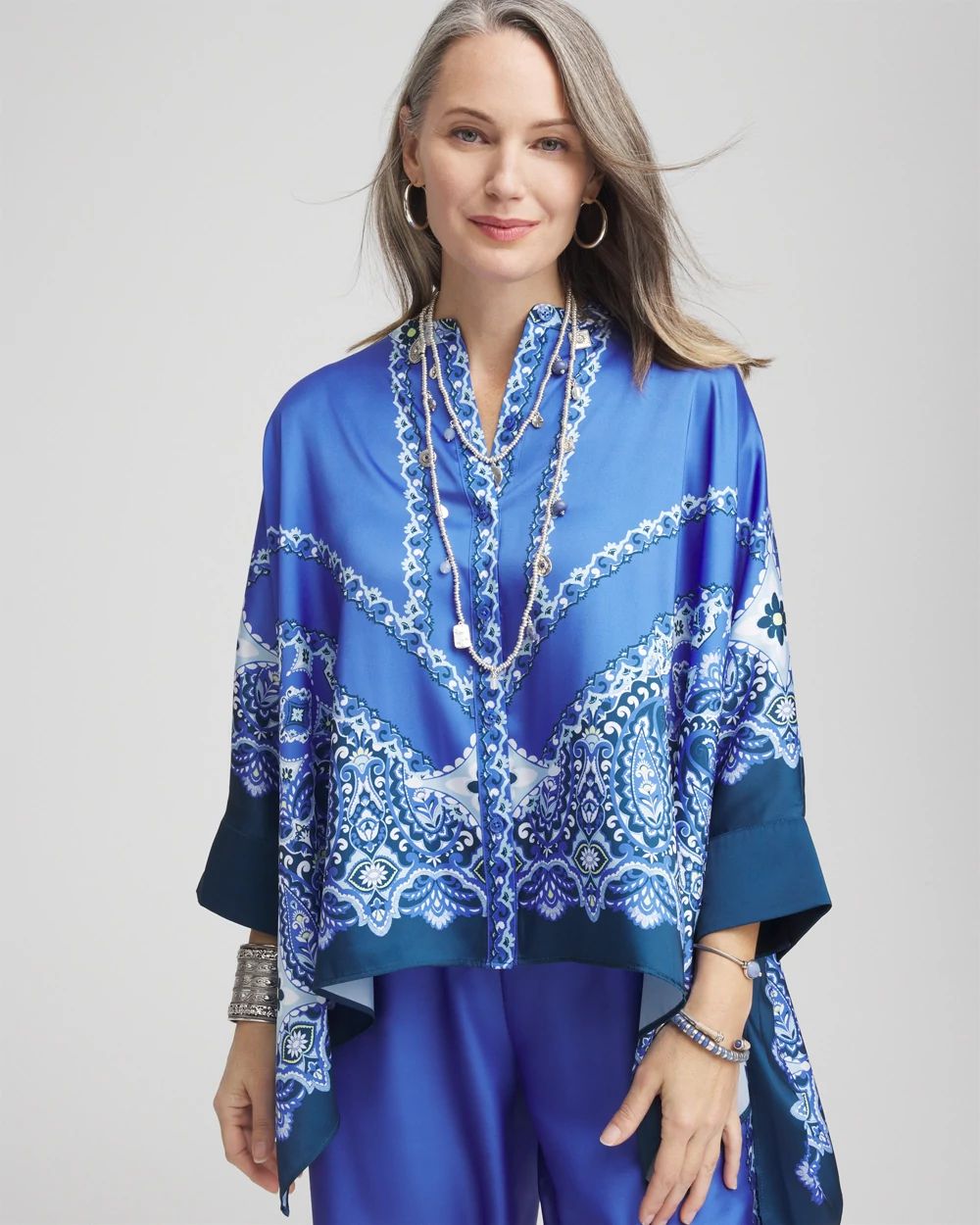 Paisley Splitneck Pleated-Cuff Poncho