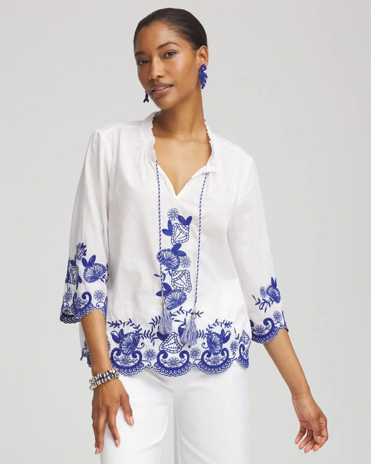 Embroidered Tassel Tie-Front Blouse