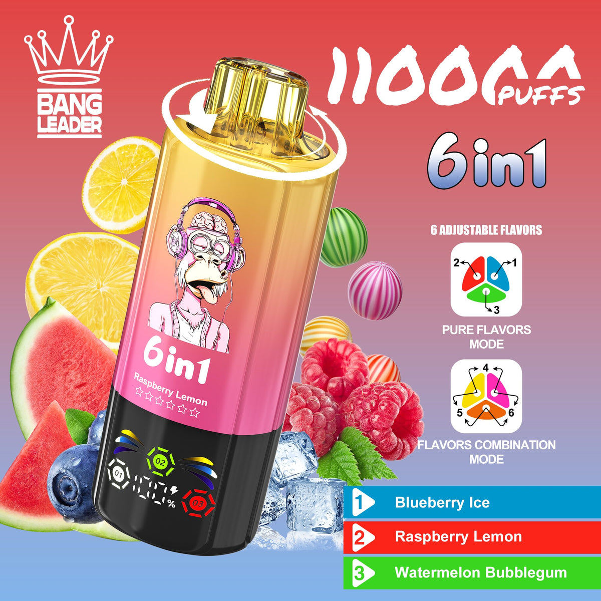 Bang Leader 110000 110K Puffs 6 in 1 Flavors Newest Original Rechargeable LED Display Disposable Vape