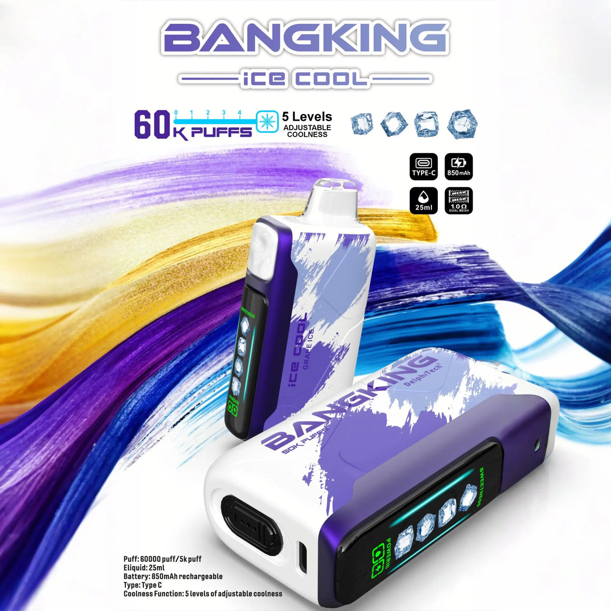 Bang King Ice Cool 60000 60K Puffs Original Adjustable Ice level LED Display Disposable Vape
