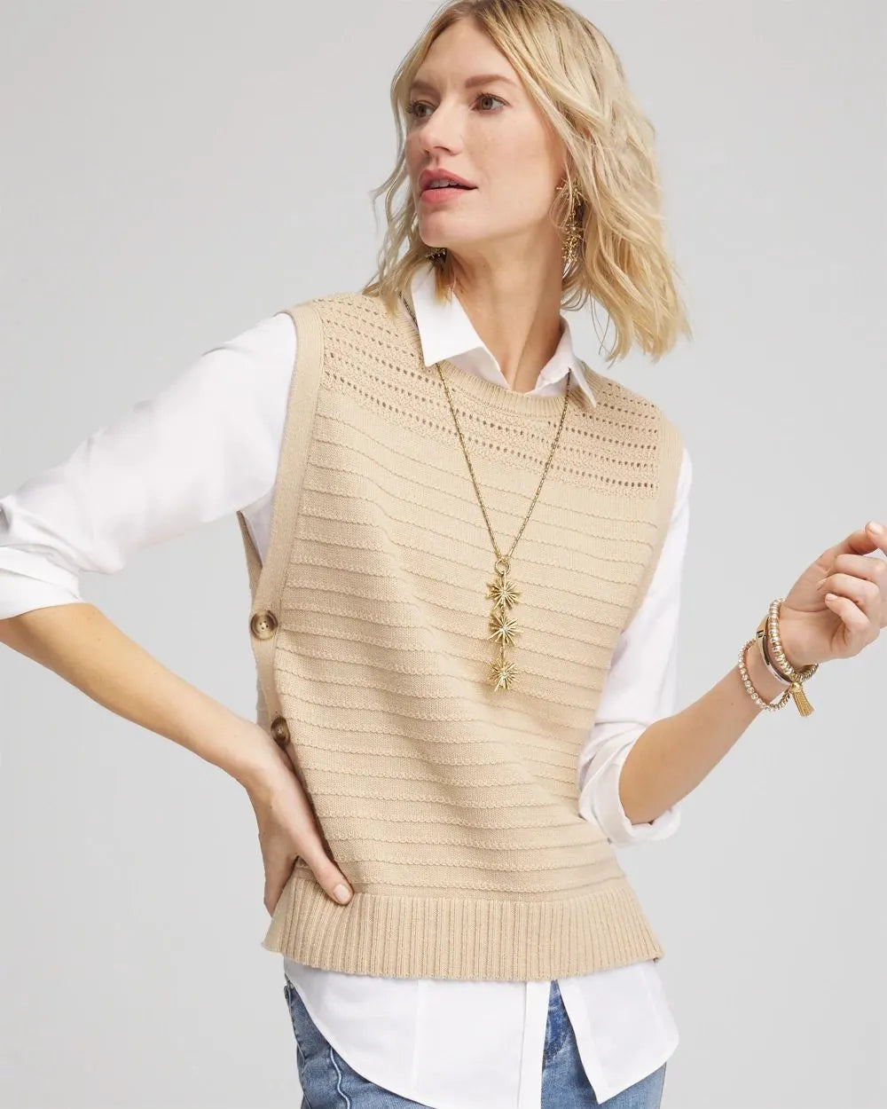 Pointelle Button Sweater Vest