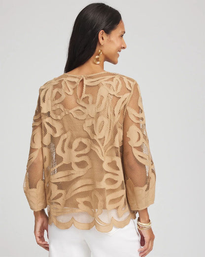 Floral-Motif Mesh 3/4 Sleeve Top