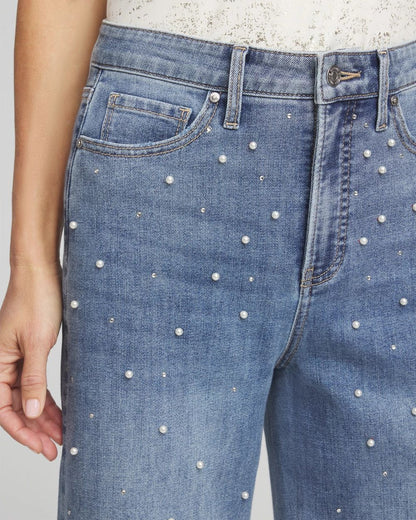 Petite Pearl Embellished High Rise Wide Leg Jeans