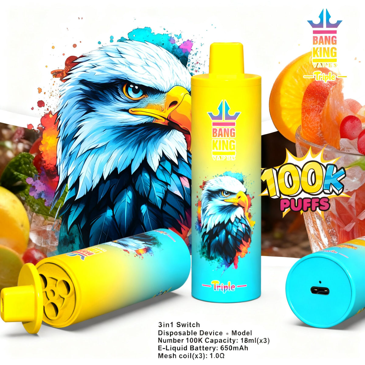 Bang King Triple 100000 100K Puffs 3 in 1 Flavors Original Rechargeable Disposable Vape