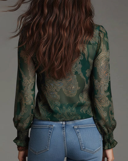 Norayi - Soft-Touch Printed V-Neck Ruffle-Sleeve Blouse