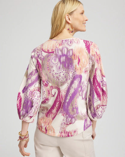 Paisley V-Neck Tuck-Sleeve Tee