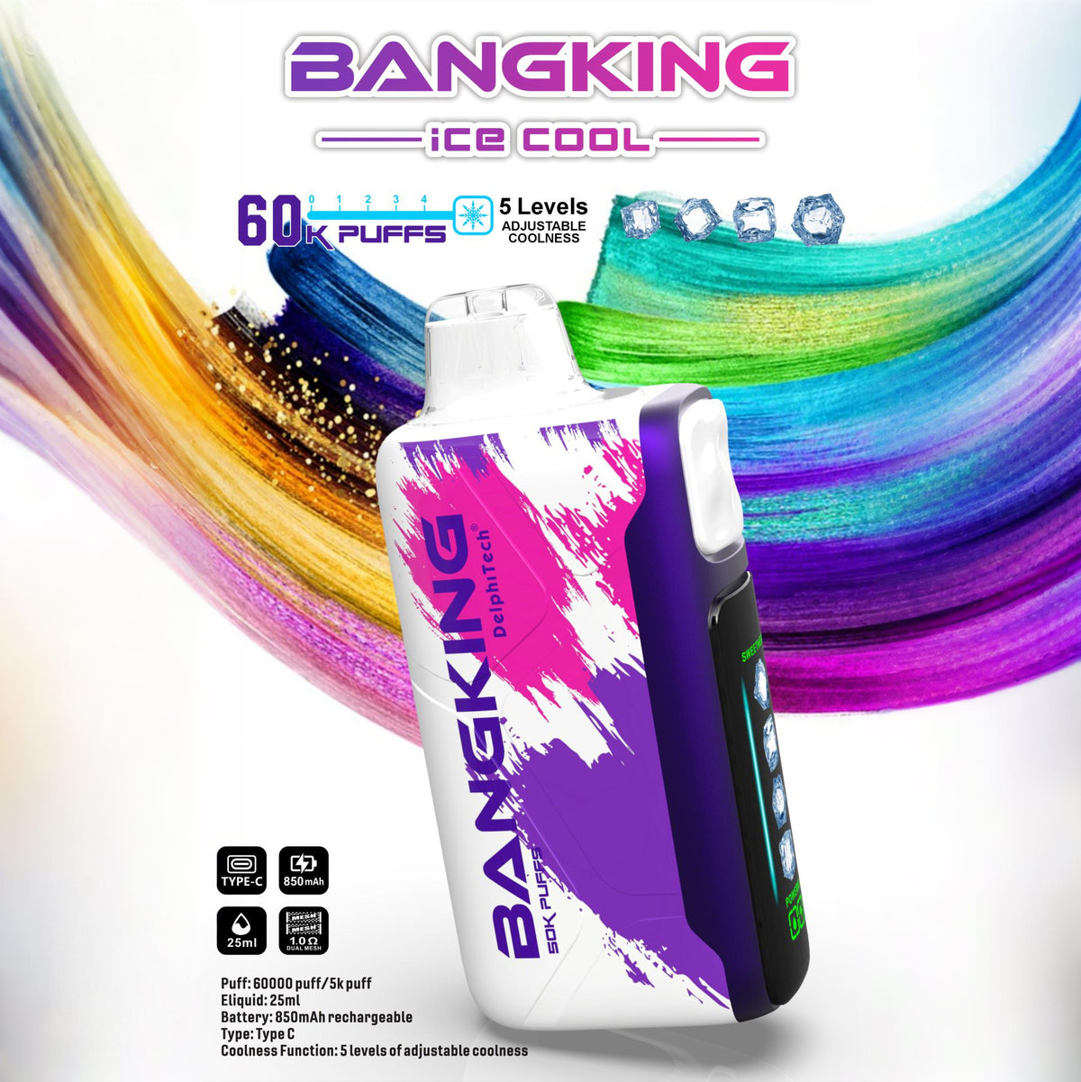 Bang King Ice Cool 60000 60K Puffs Original Adjustable Ice level LED Display Disposable Vape