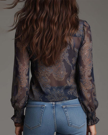 Norayi - Soft-Touch Printed V-Neck Ruffle-Sleeve Blouse