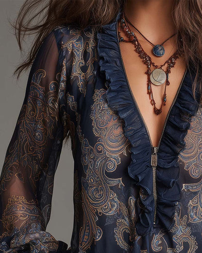 Norayi - Soft-Touch Printed V-Neck Ruffle-Sleeve Blouse